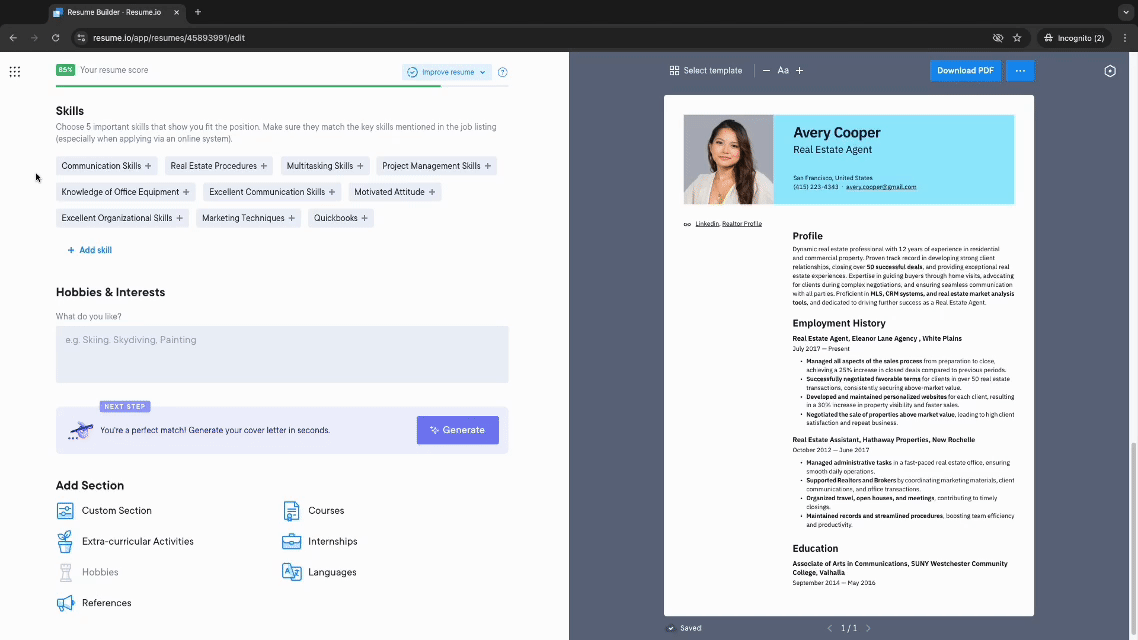 demo of skills editor in resume.io builder