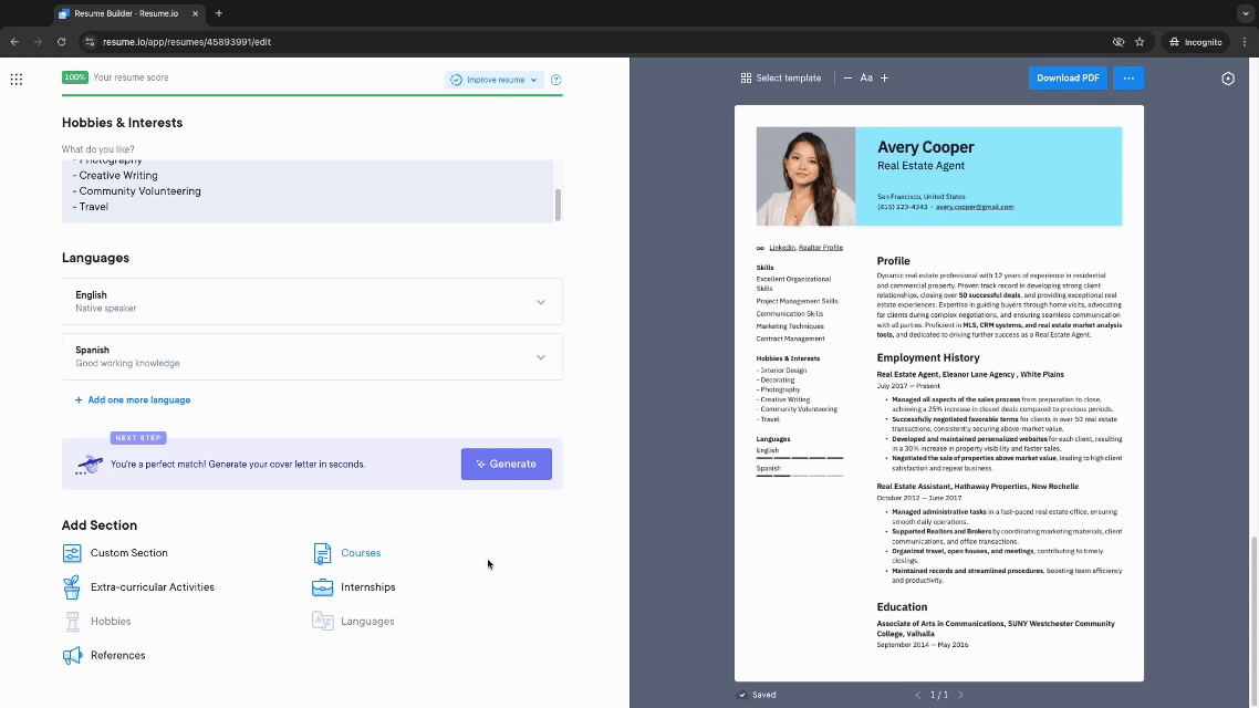 including references within a CV in resume.io builder