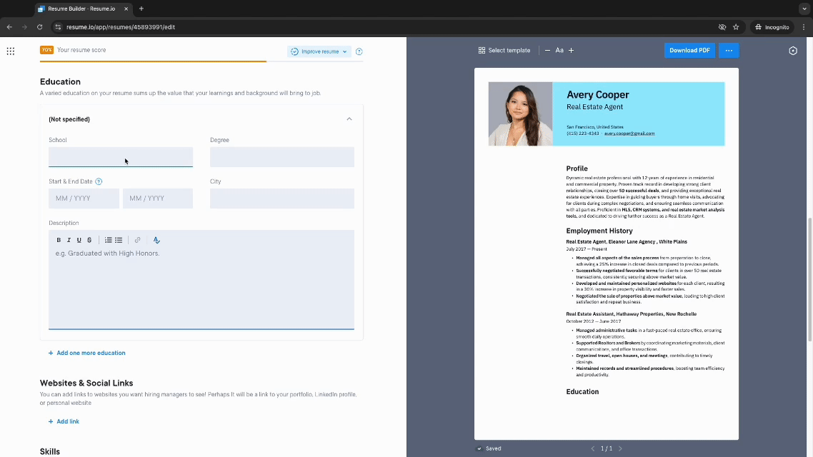 cv education editor in resume.io builder 