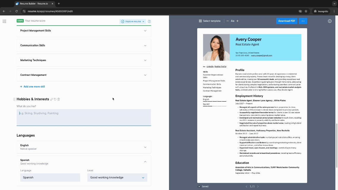 listing hobbies on cv in resume.io builder