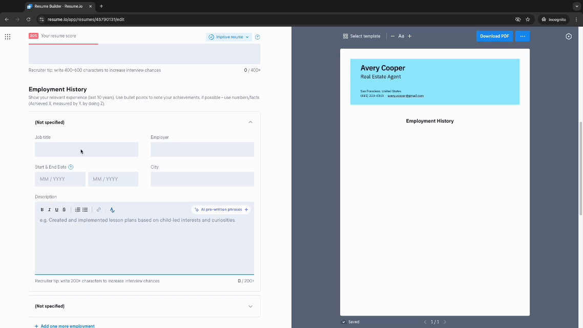 Employment history editor in resume.io demo