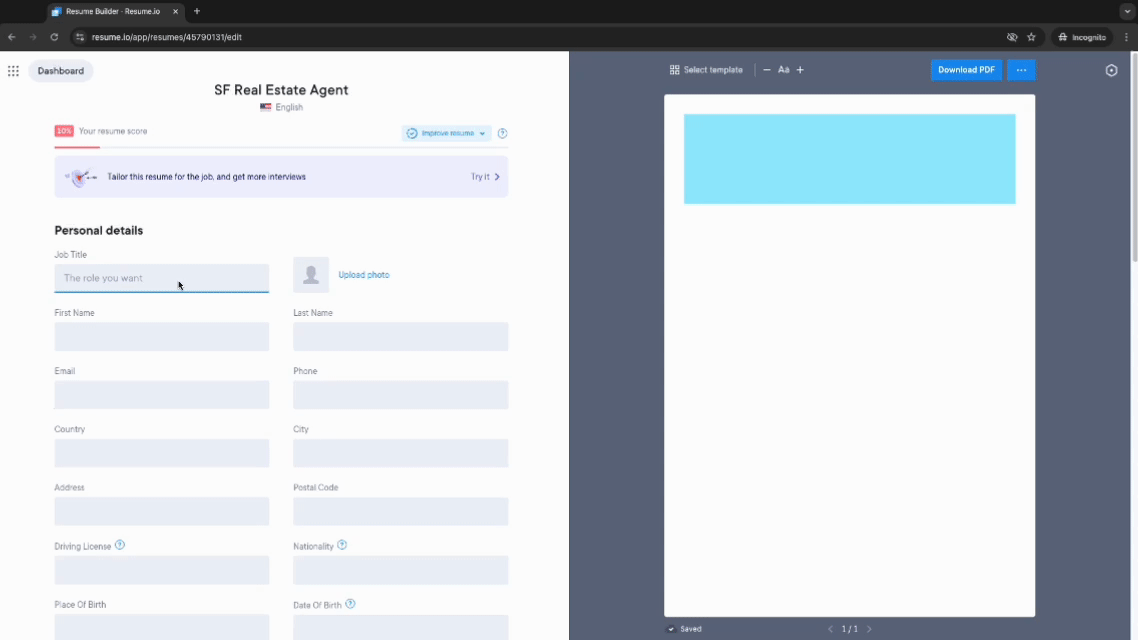 demo writing resume header with resume.io builder