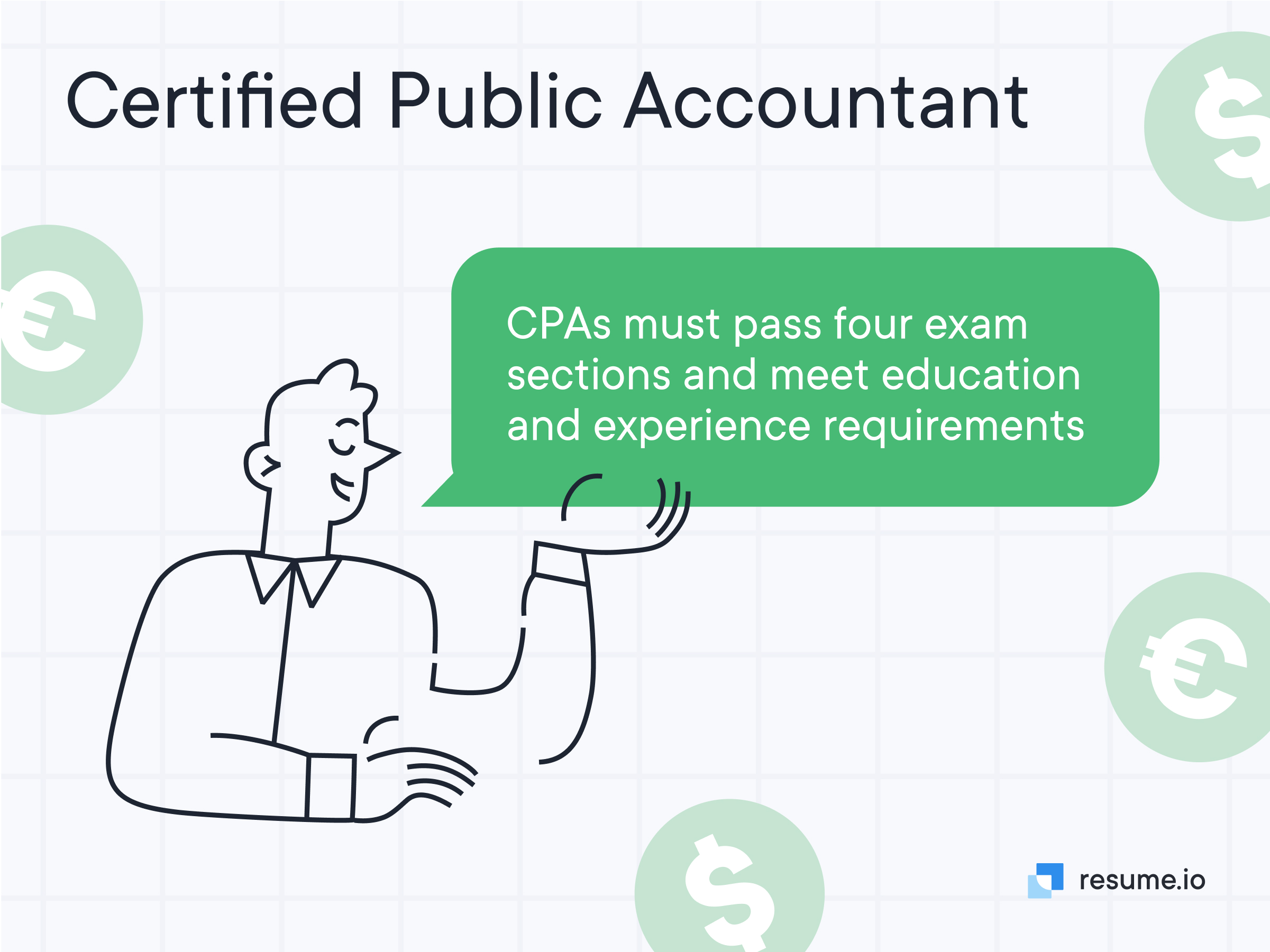 Illustrated person says that CPAs must pass four exam sections and meet education and experience requirements