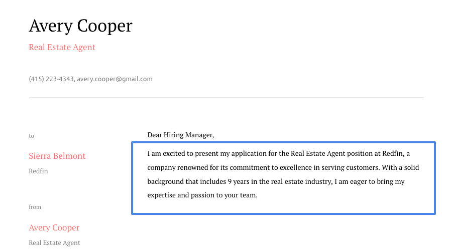 example cover letter intro - real estate agent