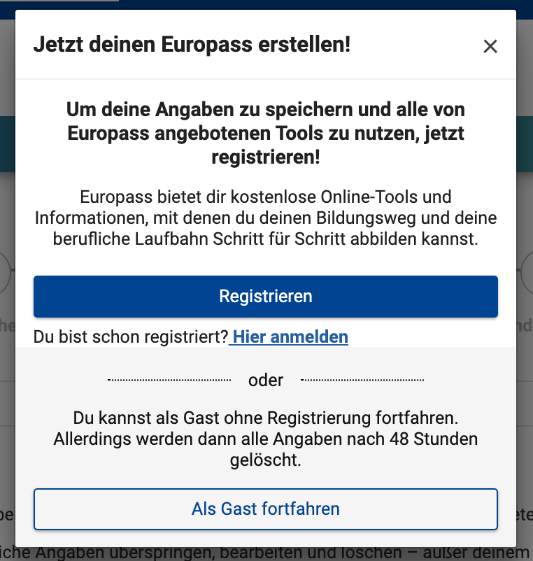 Als Europass-Benutzer registrieren