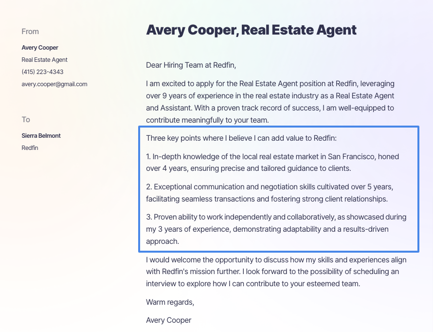 Cover letter main body example - Real Estate Agent: Moscow template