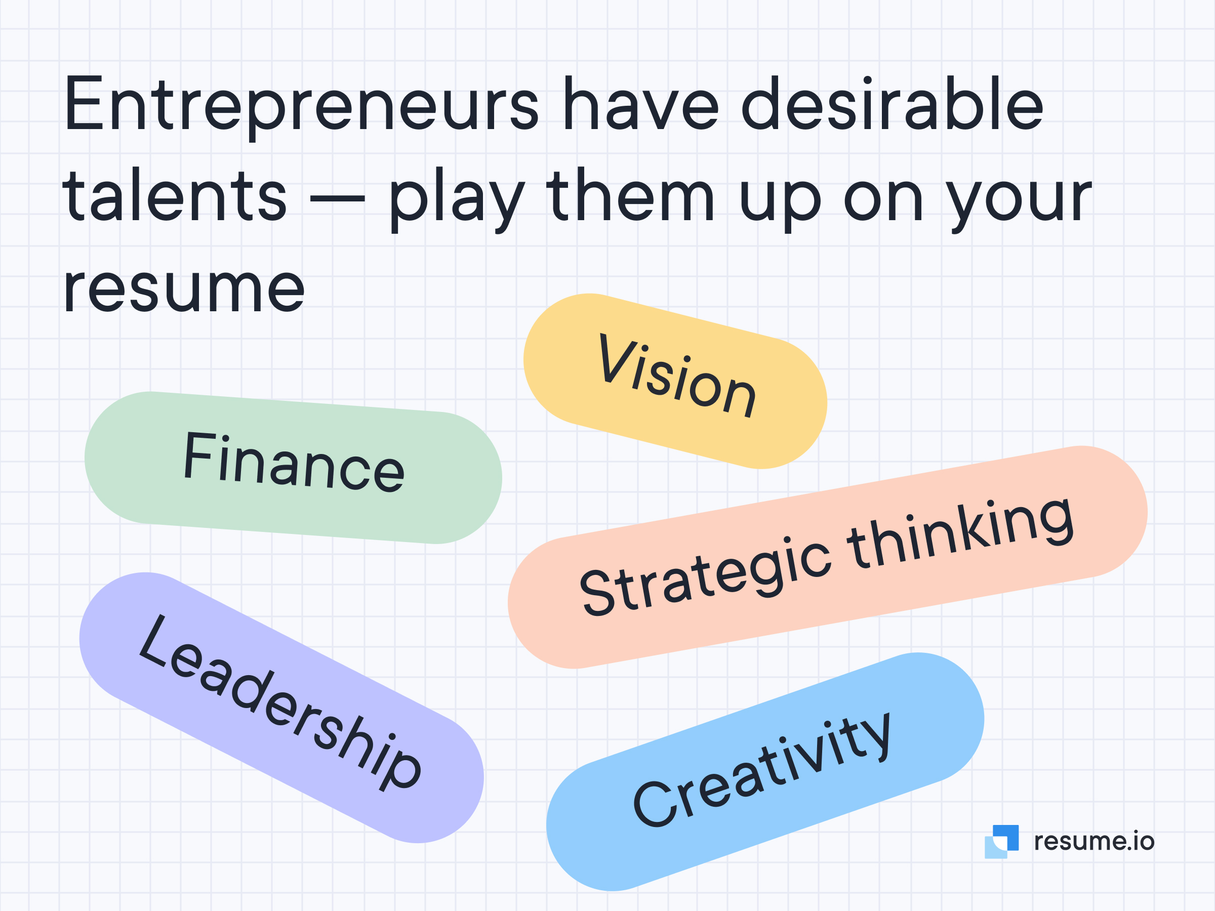 Some talents of entrepeneurs are finance, vision, strategic thinking, creativity and leadership. Play them up on your resume!