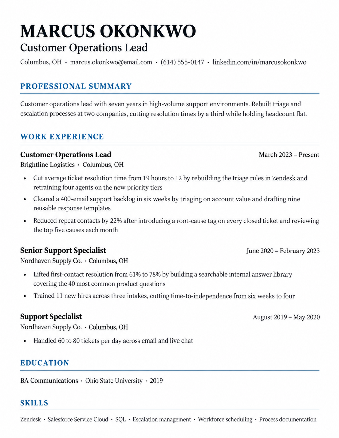 CAR method resume example in a single column layout, showing challenge, action, and result bullets under each job title CAR method resume example in a single column layout, showing challenge, action, and result bullets under each job title