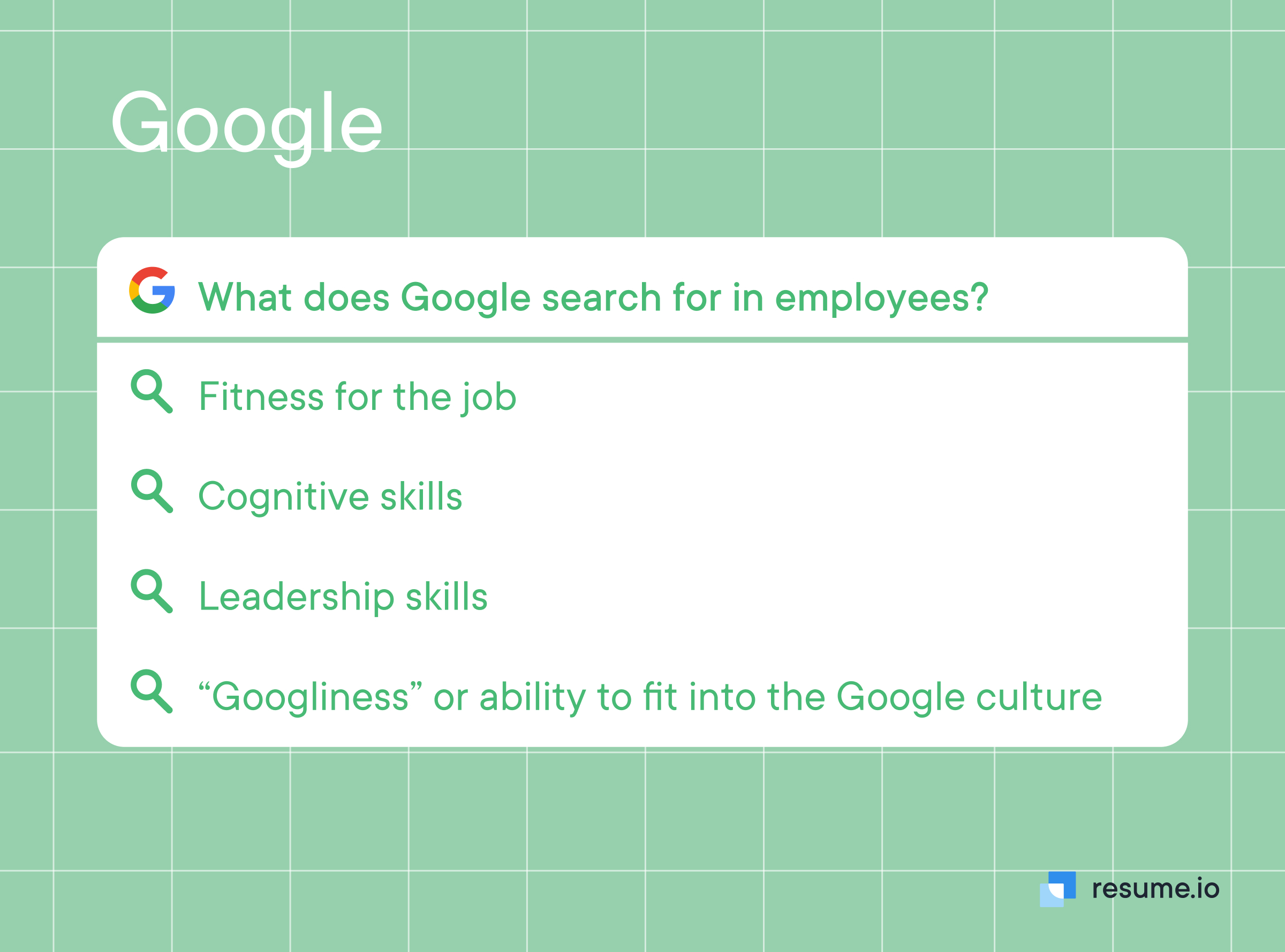 What Google search for in employees are fitness, cognitive skills, leadership skills and 'Googliness'. 