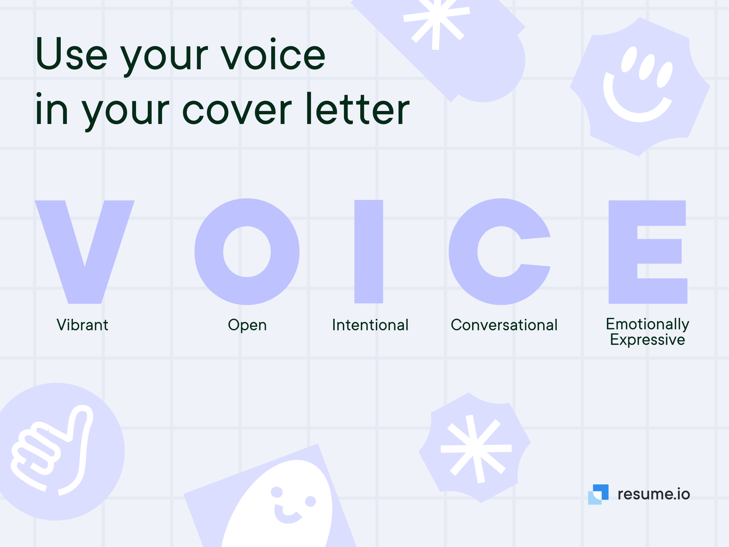 VOICE stands for Vibrant, Open, Intentional, Conversational and Emotionally expressive: Use your voice in your cover letter!