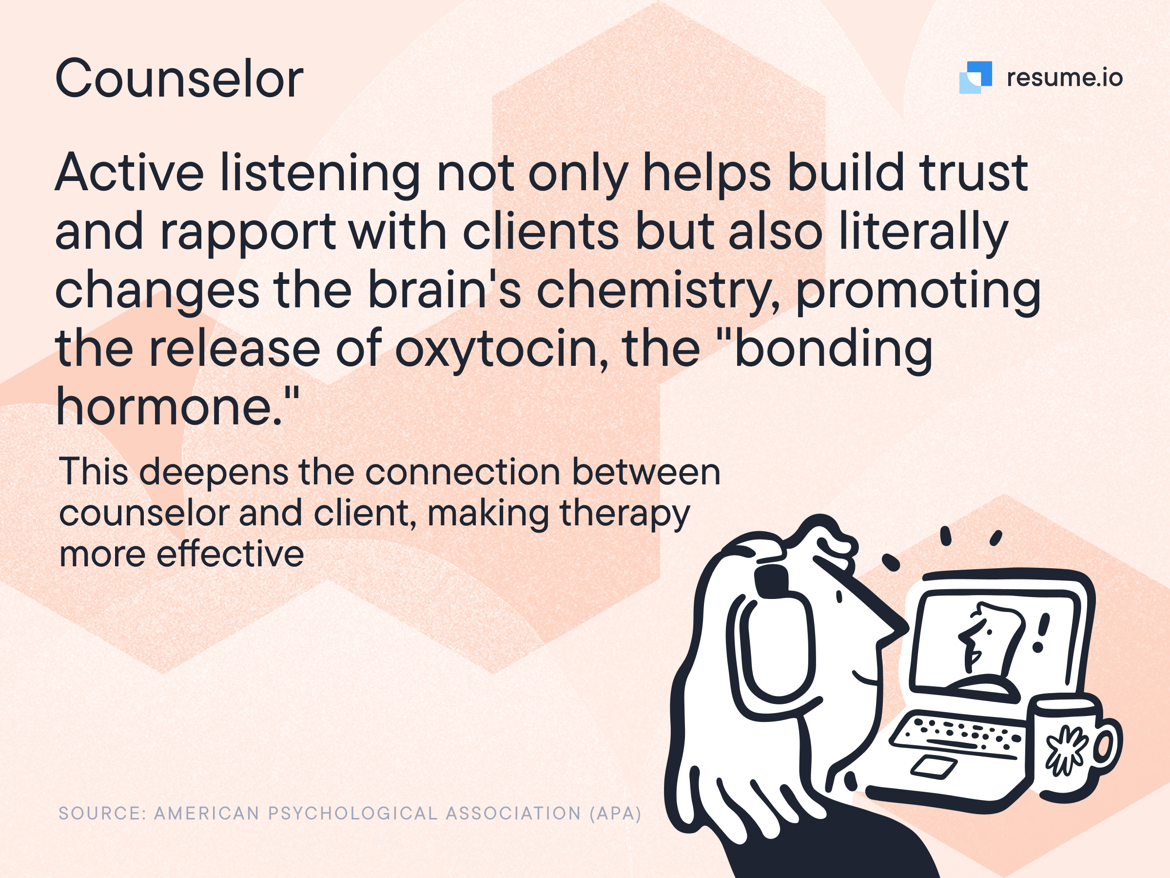 Image stating that active listening changes the brain's chemistry, promoting the release of oxytocin, deepening connection between counselor and client.