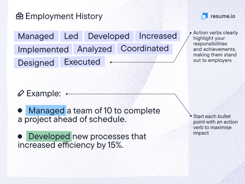 Using action verbs in a CV with examples