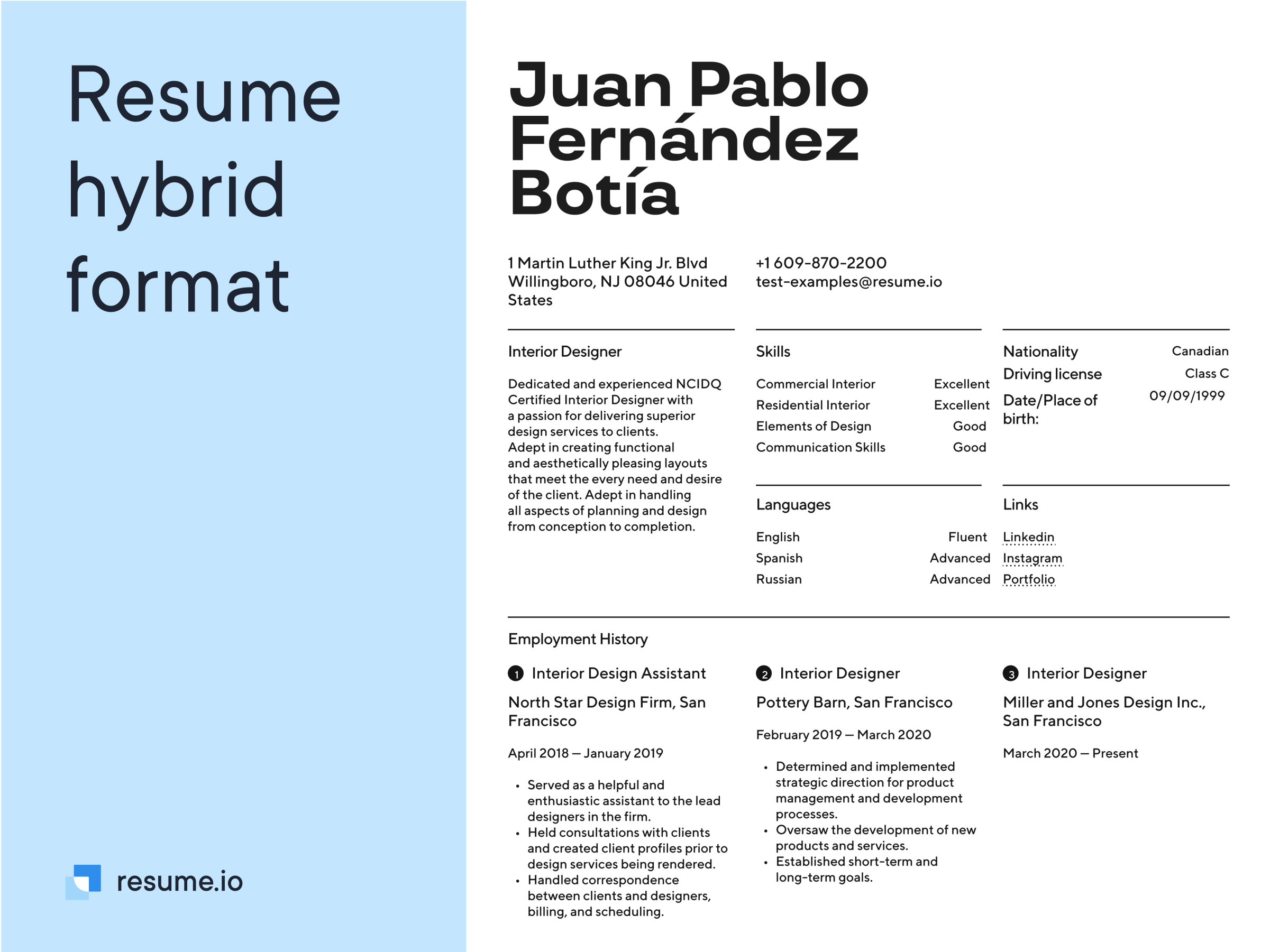 Blue resume hybrid format