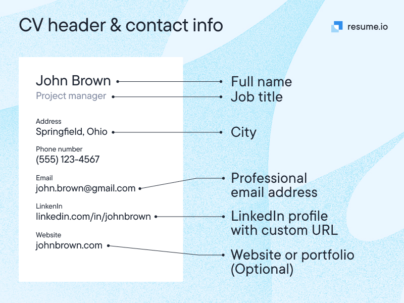 CV header and contact information section breakdown