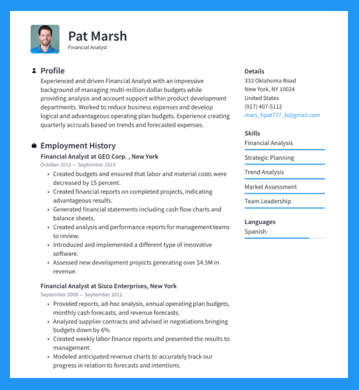 Contact info resume header